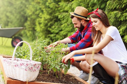 A man and a woman are gardening in a back garden with lush green trees and shrubs in the background. They are kneeling on the soil bed, tending to young plants or vegetable seedlings. The woman wears a white t-shirt, plaid shorts, and a red headband, while the man is dressed in a red and blue checkered shirt and a straw hat. A white wicker basket with a floral pattern rests on the edge of the garden bed, containing garden tools or supplies. The garden layout includes a neatly maintained lawn area, bordered by a paved or gravel pathway visible in the background, alongside dense greenery. The scene is illuminated by natural sunlight, suggesting a clear, pleasant day suitable for outdoor gardening activities. This natural outdoor setting reflects typical garden maintenance and plant care activities, supported by local gardening services such as those offered by Landscapers Dulwich, focusing on landscape enhancement and outdoor space management in the Dulwich area.