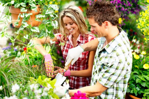 A gardener and a woman are working together in a lush, vibrant garden with a variety of plants, shrubs, and flowering flowers. The garden features a dense border of leafy green foliage, with climbing plants growing on a vertical structure in the background. Patches of colorful blooms are visible among the greenery, adding natural colour tones to the scene. The lawn in the foreground is well-maintained, with short, dense grass. A paved pathway runs through part of the garden, and a wooden decking area is also partly visible. The environment appears to be outdoors during daylight, with natural light illuminating the scene and highlighting the textures of the plants, grass, and soil. The individuals are dressed in casual gardening attire, using gardening gloves and tools, suggesting they are engaged in pruning, planting, or general garden maintenance, consistent with services offered by Landscapers Dulwich. This well-kept outdoor space exemplifies professional landscaping and gardening care, suitable for residential gardens in the Dulwich area, with a focus on creating functional and aesthetically pleasing garden landscapes.