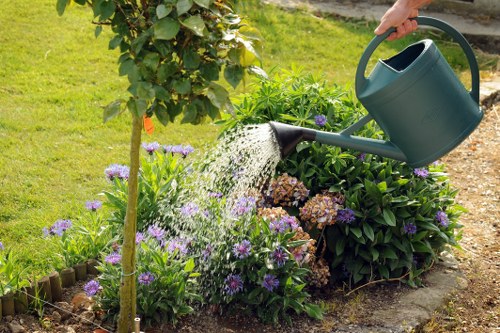 A gardener's hand is shown watering a lush garden bed filled with flowering plants and green foliage using a dark green plastic watering can. The garden bed is bordered by a low wooden edge and contains a mix of purple, white, and pink flowers, along with dense green shrubs. Surrounding the bed, there is a well-maintained grassy lawn with a small tree in the foreground, supported by a wooden stake, and a background of more greenery, including additional plants and a stone path. The scene appears to be outdoors on a bright day with natural sunlight illuminating the vibrant plant colours and textures, illustrating a typical choice of landscaping and garden maintenance services offered by companies such as Landscapers Dulwich.